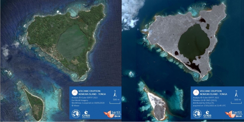 Vue avant-après de Nomuka Island située à quelques dizaines de kilomètres au nord-est du volcan.